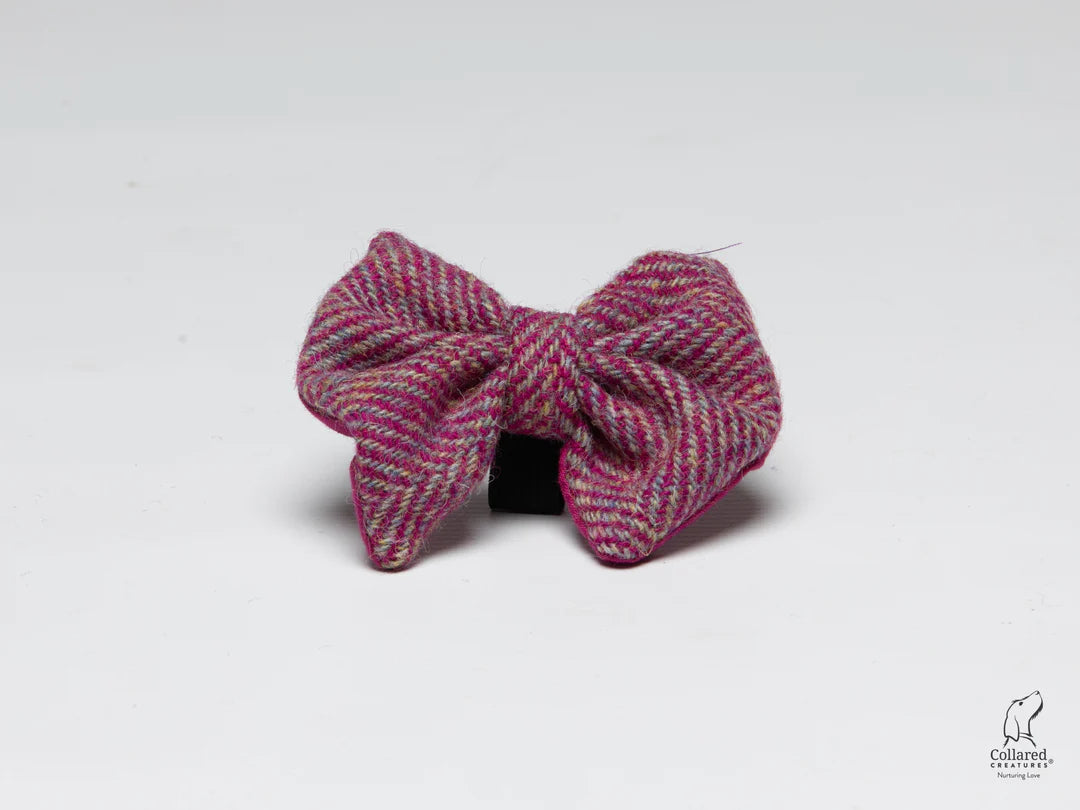 Harris Tweed Raspberry Ripple Herringbone Dog Collar Bow