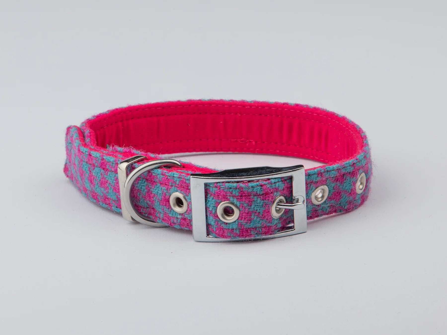 Harris Tweed Turquoise & Pink Houndstooth Buckle Dog Collar