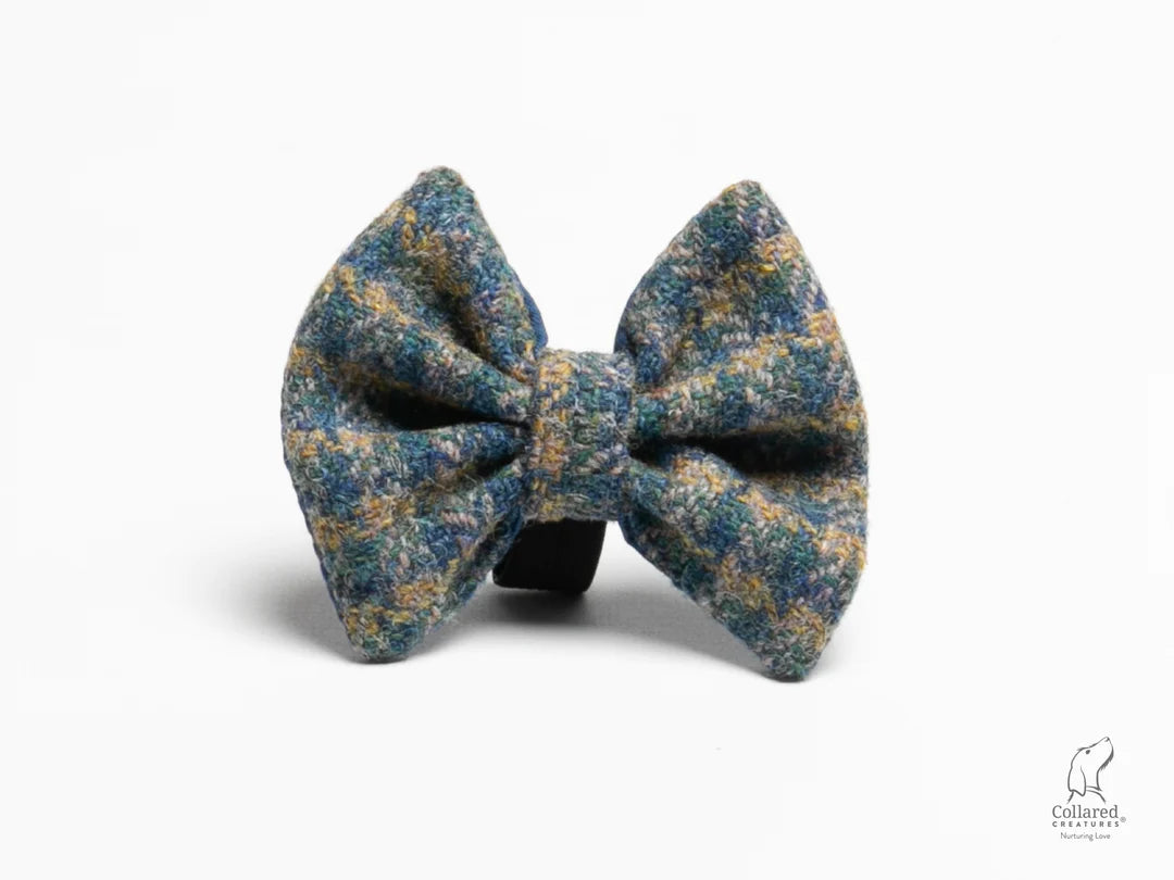 Harris Tweed Yellow & Blue Small Check Dog Collar Bow