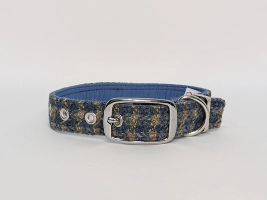 Harris Tweed Yellow & Blue Small Check Buckle Dog Collar 