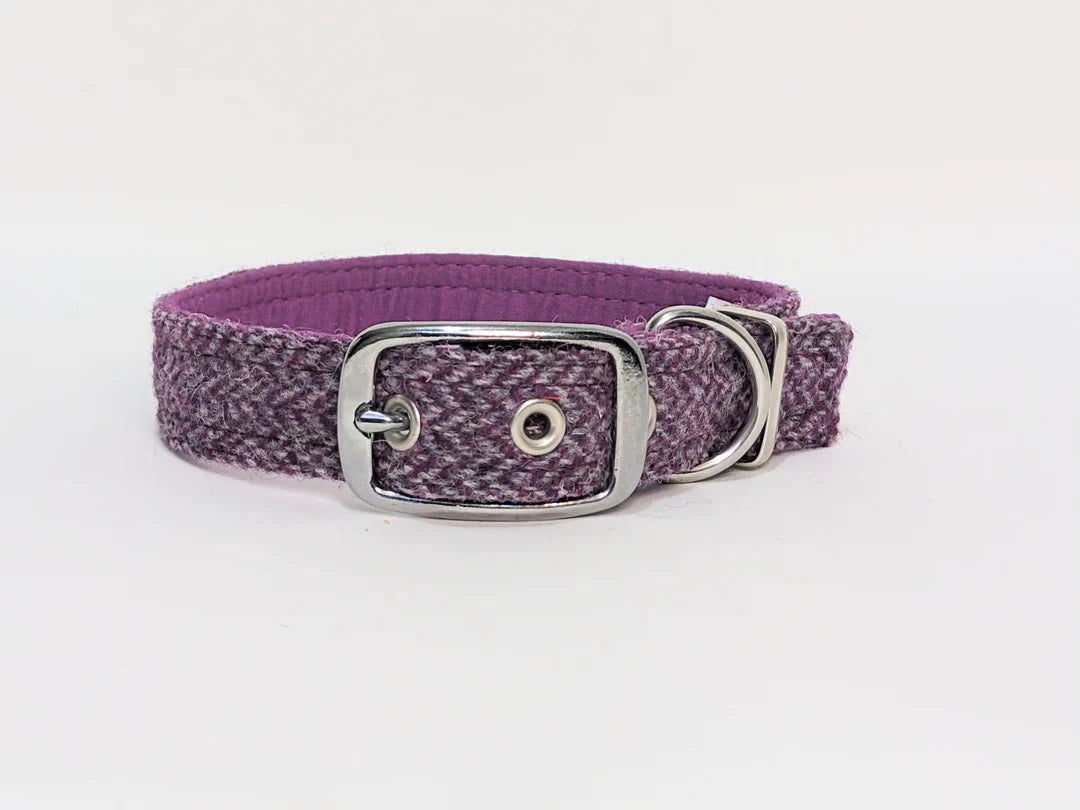 Harris Tweed Magenta & Grey Herringbone Buckle Dog Collar