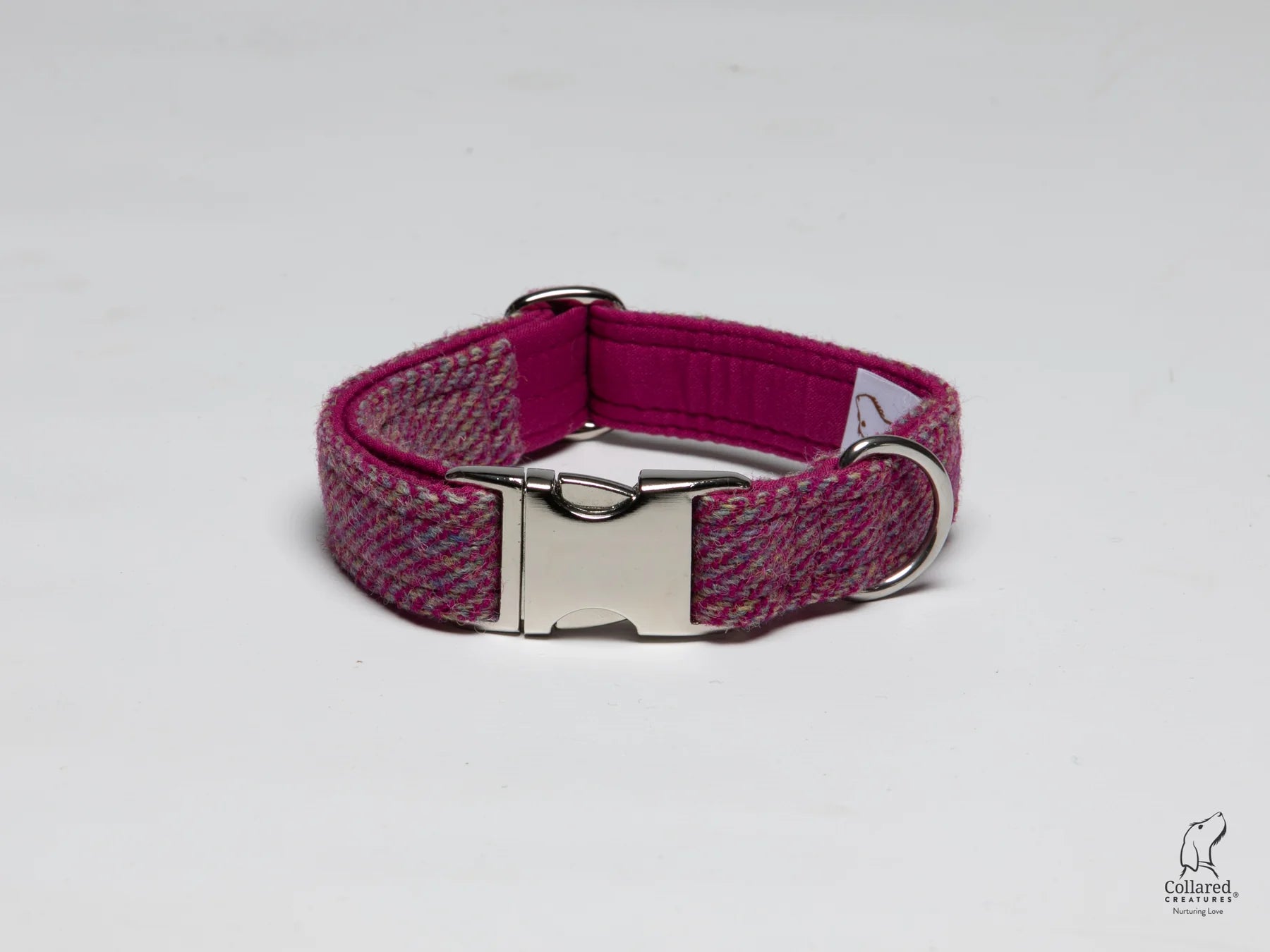 Harris Tweed dog Collar raspberry & coral herringbone