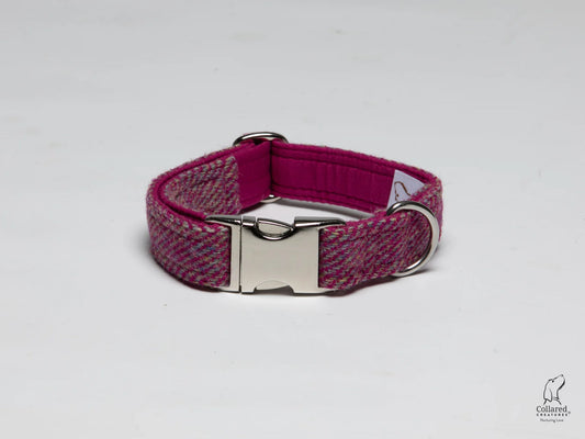 Harris Tweed dog Collar raspberry & coral herringbone