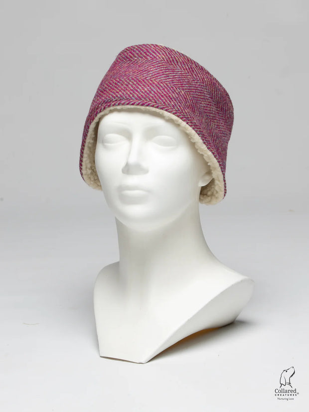 Harris Tweed ladies headband raspberry & coral herringbone