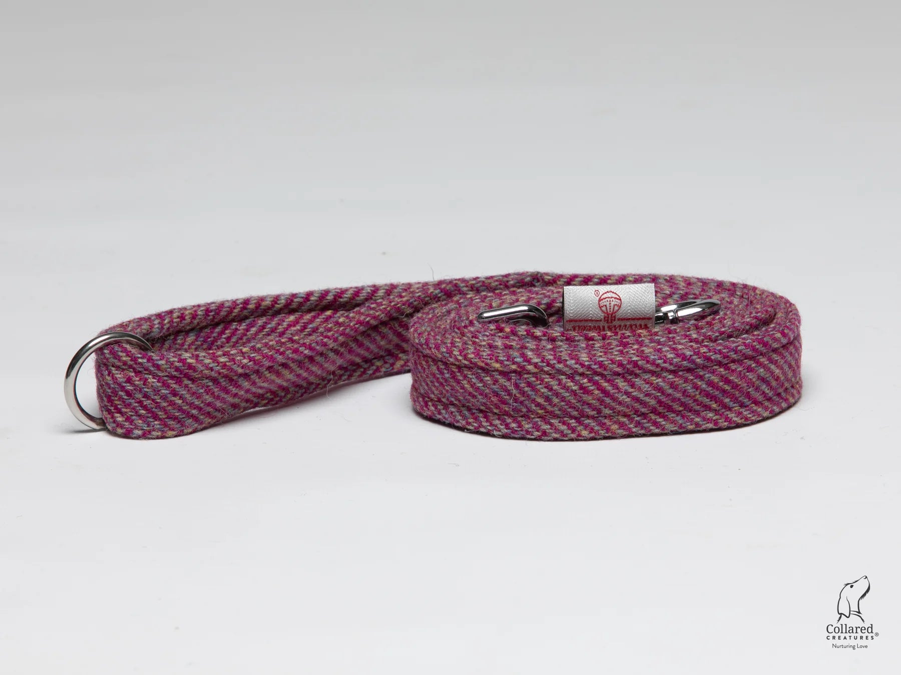 Harris Tweed dog lead raspberry & coral herringbone