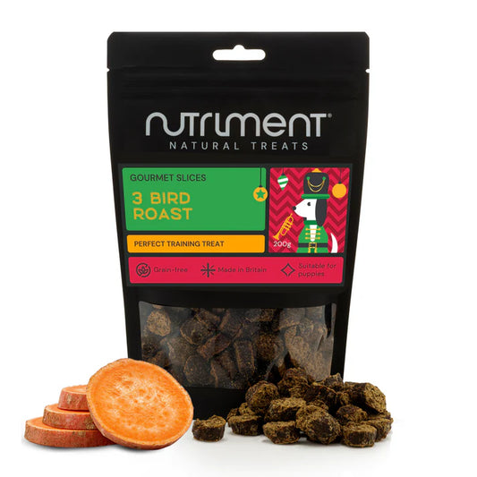 Nutriment natural treats packaging with bird roast slices and pieces on a white background