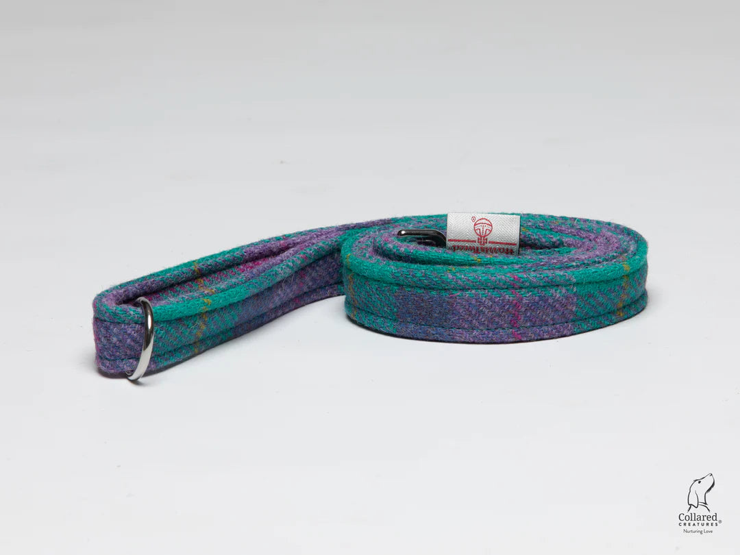 Harris Tweed dog Lead teal & Lilac Check