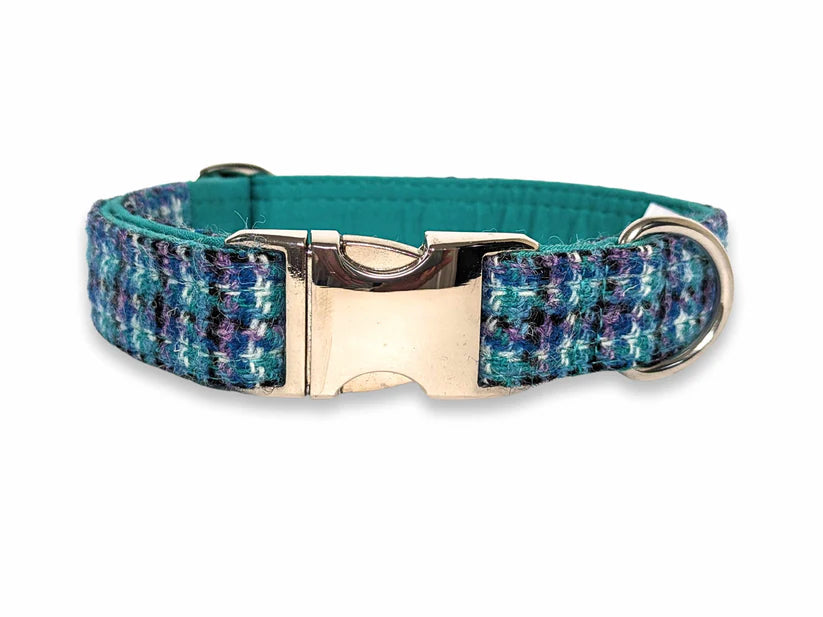 Harris Tweed Teal Lilac & Black Check Clasp Dog Collar 