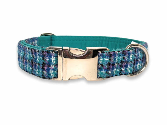 Harris Tweed Teal Lilac & Black Check Clasp Dog Collar 
