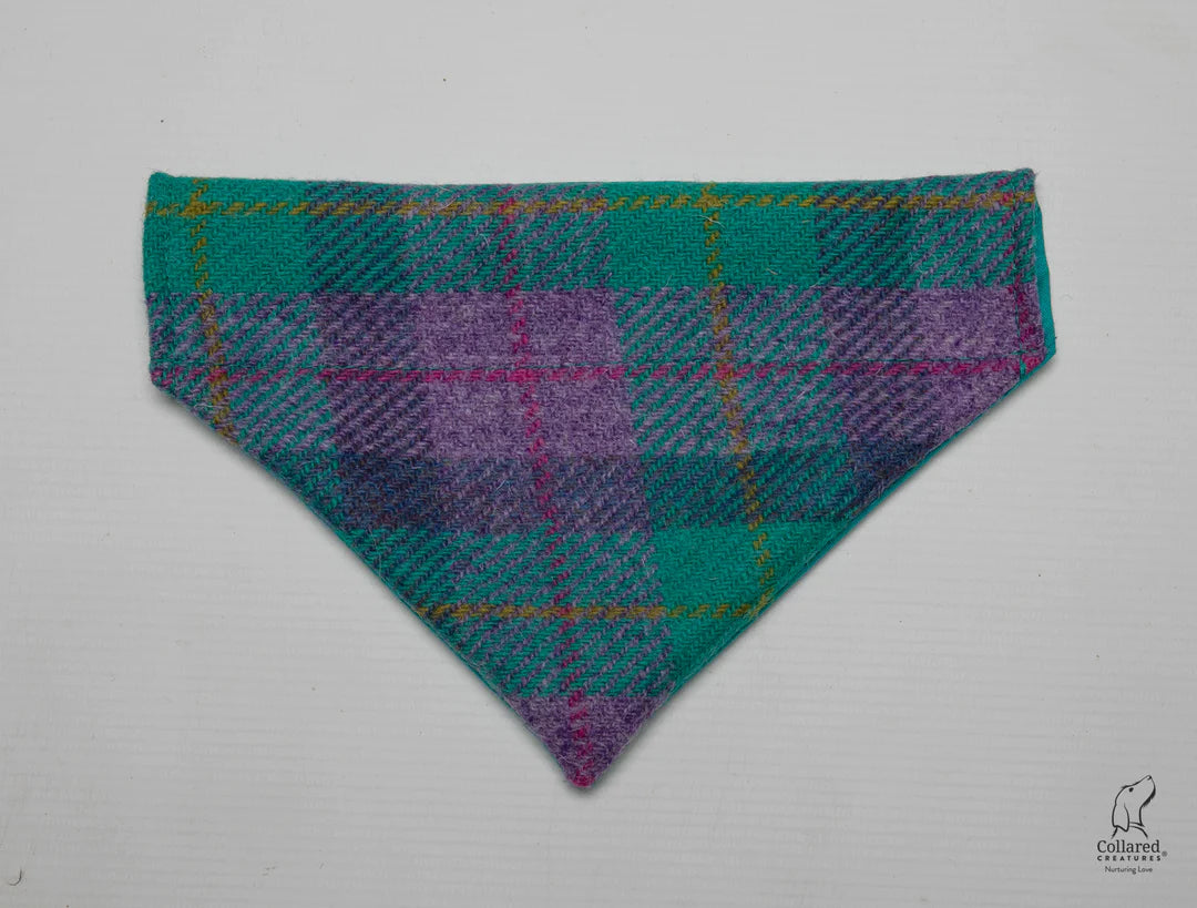 Harris Tweed dog Collar bandana Teal & Lilac Check