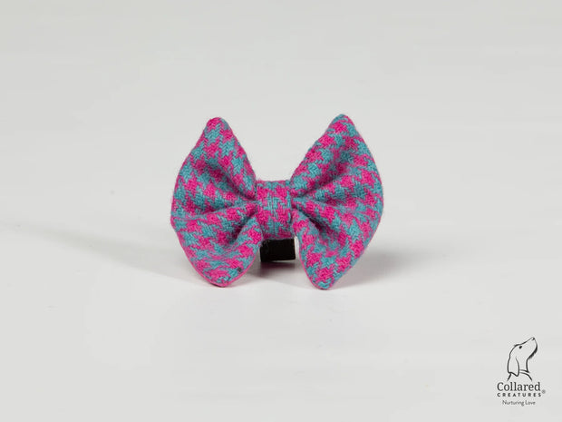 Harris Tweed Turquoise & Pink Houndstooth Dog Collar Bow