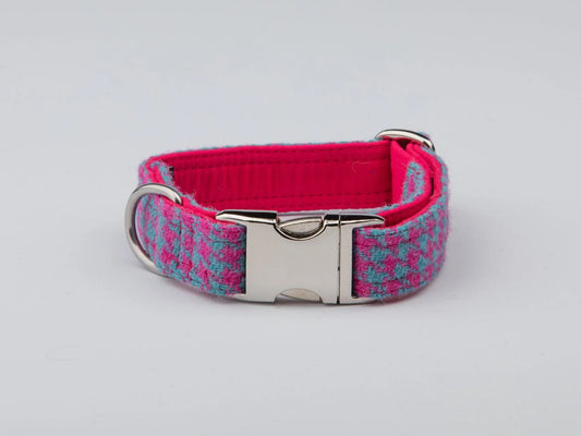 Harris Tweed dog Collar Turquoise & Pink Houndstooth