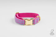 Harris Tweed dog Collar Gold Clasp Turquoise & Pink Houndstooth