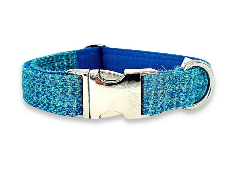 Harris Tweed Turquoise Fleck Dog Collar Personalised