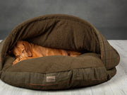 Collared Creatures Dog Cave Bed with removable hood in tweed