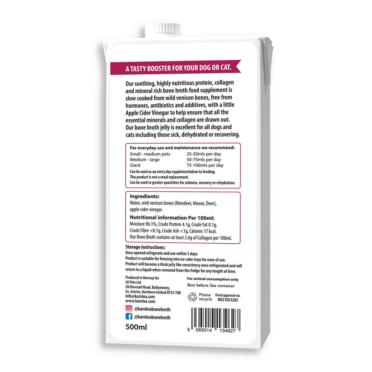 The back of a 500ml bag of dog and cat bone supplement, showing product details, ingredients, and instructions on a white background.