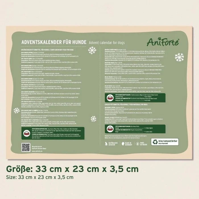 Dog Advent calendar poster in German by Aniforte, featuring a sage green background with white text sections, snowflake graphics, and product dimensions shown below.