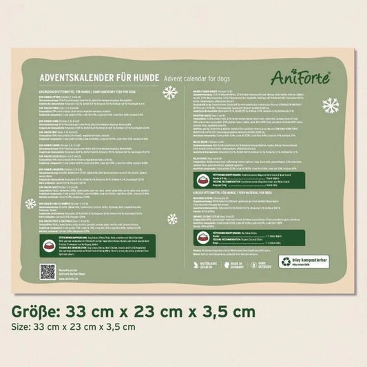 Dog Advent calendar poster in German by Aniforte, featuring a sage green background with white text sections, snowflake graphics, and product dimensions shown below.