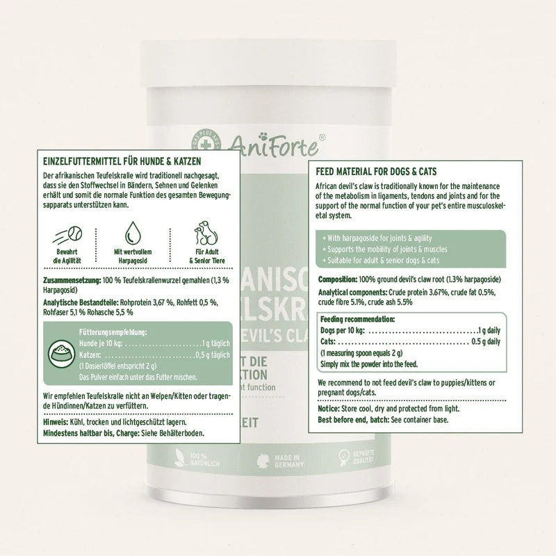 A package of Antiforte Canis Large Breed joint support supplement, featuring white and green text and icons on a light beige background, with a smaller front panel showing usage instructions and a larger back panel showing ingredients and benefits.
