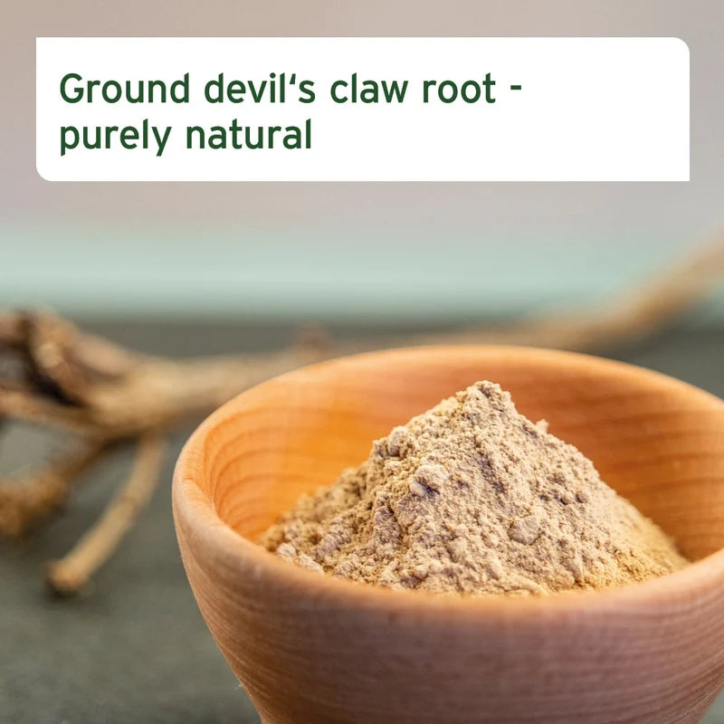 A close-up of ground devil's claw root powder piled in a small wooden bowl, with blurred dried roots in the background and text reading 'Ground devil's claw root - purely natural' at the top.