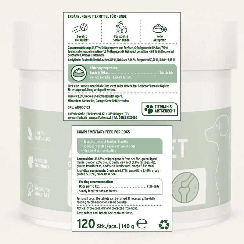 AniForte AgilityVET Joint Tablets for Dogs | Natural Joint Support & Mobility Supplement back label