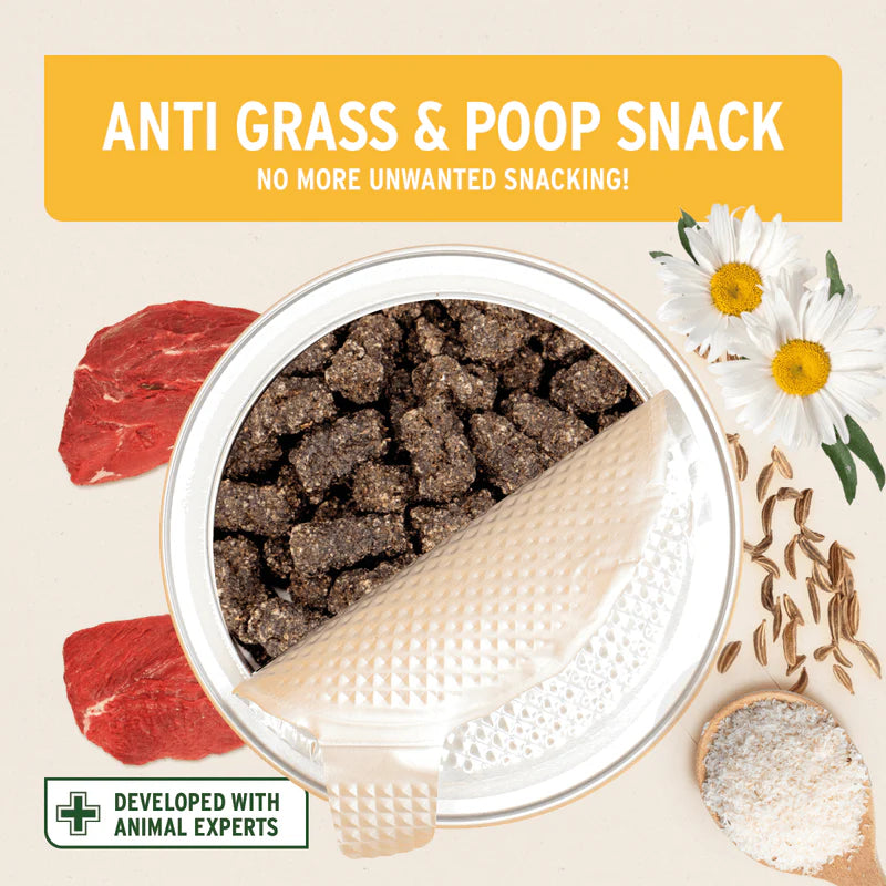 Anti grass & poop snack product with packaging, ingredients, Stop Poo and Grass Eating