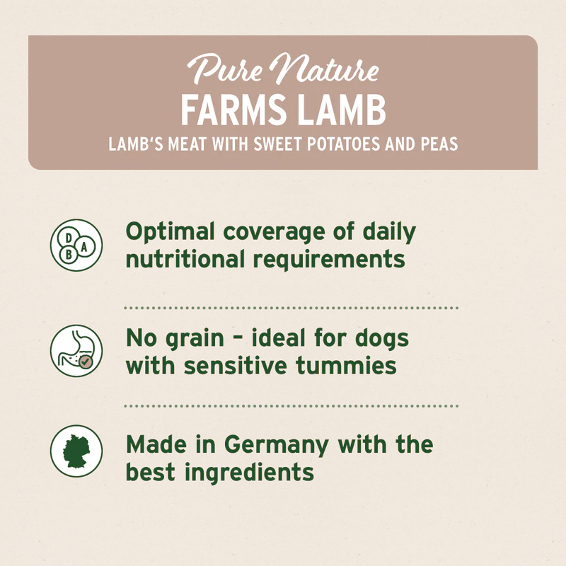 Product label for Pure Nature Farms Lamb dog food with text about benefits on a beige background.