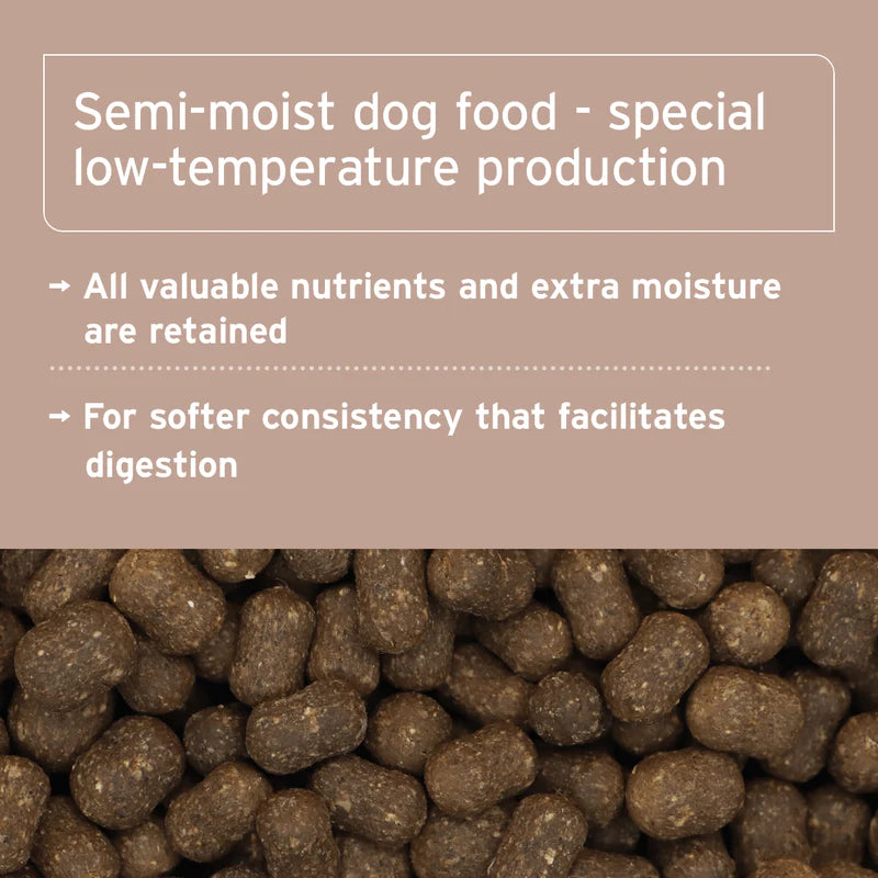 Semi-moist dog food with text about low-temperature production and nutrient retention.