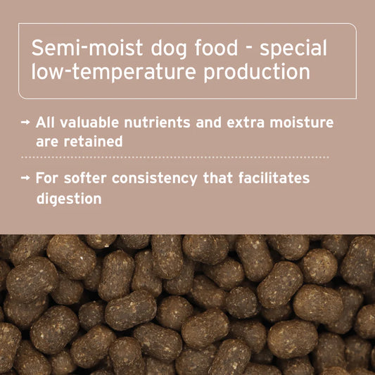 Semi-moist dog food with text about low-temperature production and nutrient retention.