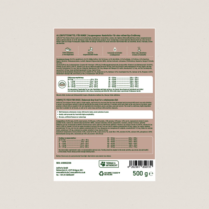 Dog food packaging label with text and a barcode on a beige background