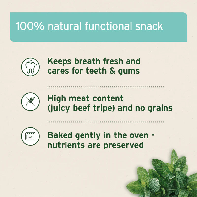 Product description card for a 100% natural functional snack with text and icons on a light background.