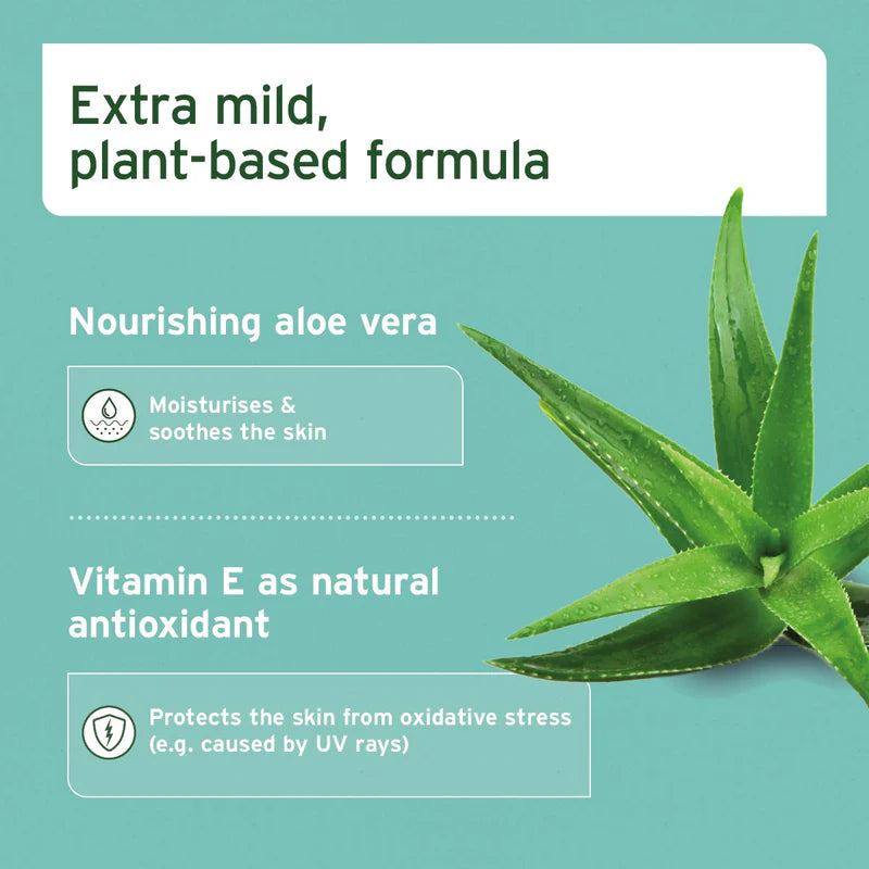 Product label with aloe vera leaf and text about plant-based formula, vitamin E, and skin benefits on a teal background.