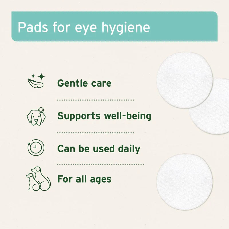Pads for eye hygiene with text highlighting benefits on a light background - for dogs and cats