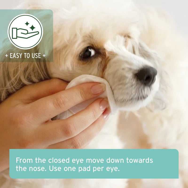 Person cleaning a dog's eye with a pad, with text on how to use the pad.