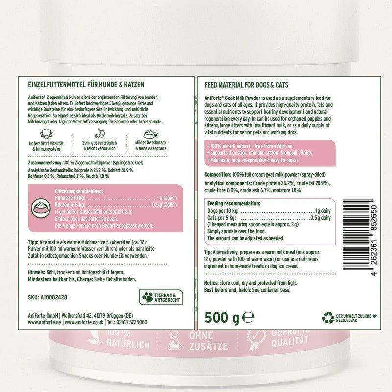 The back of a 500g package of Auriforte Goat Milk Powder for dogs and cats, showing detailed German and English nutritional facts, ingredients, and feeding recommendations on a white background.