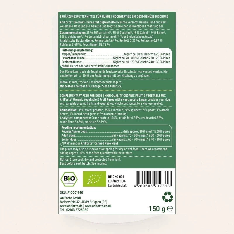 AniForte Organic Fennel & Mango Puree for Dogs | Natural Topper ingredients and composition