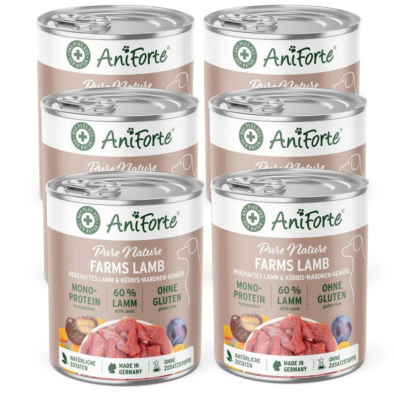 Six cans of AniForte Pure Nature Farms Lamb dog food  