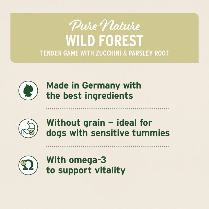 Product label for 'Pure Nature Wild Forest' dog food with text about ingredients and benefits.