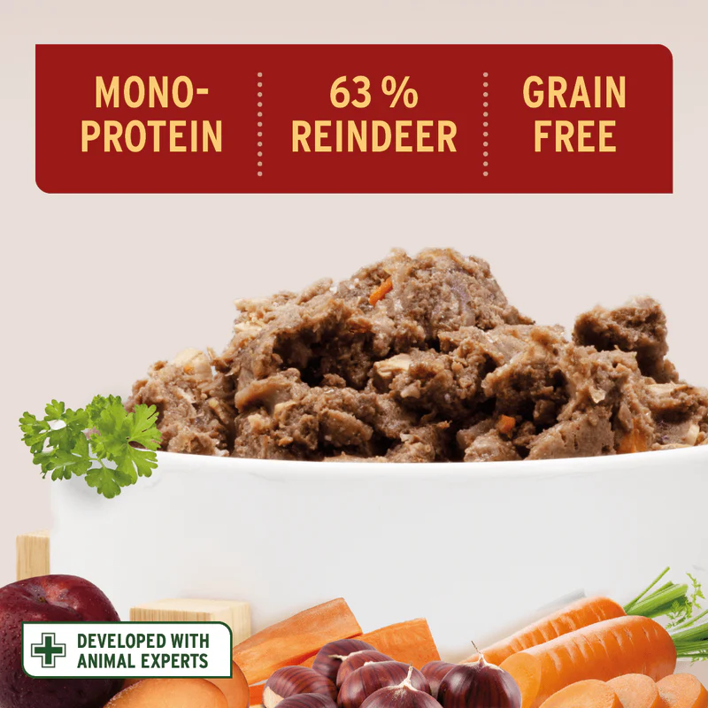 Dog food with reindeer, mono-protein, grain-free label, and vegetables  