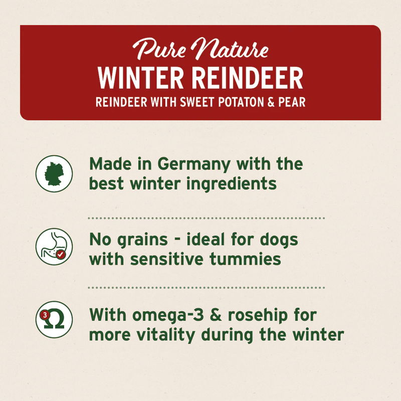 Product label for 'Pure Nature Winter Reindeer' dog food with text on a beige background