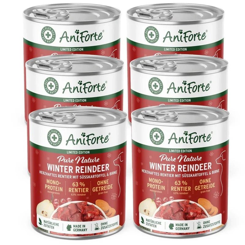 Six cans of AniForte Pure Nature Winter Reindeer pet food  
