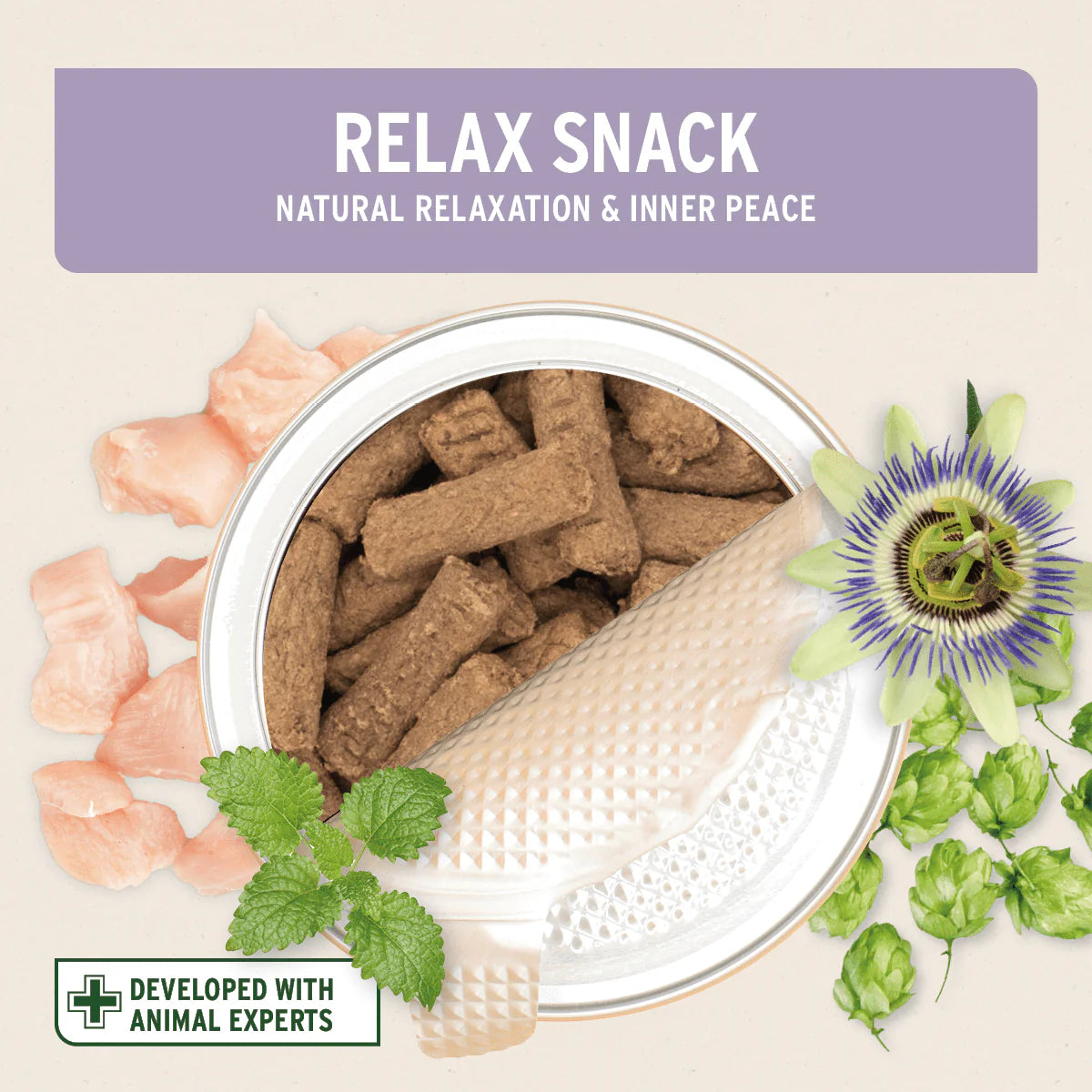 Relax snack packaging with dog treats, flowers, and text on a beige background