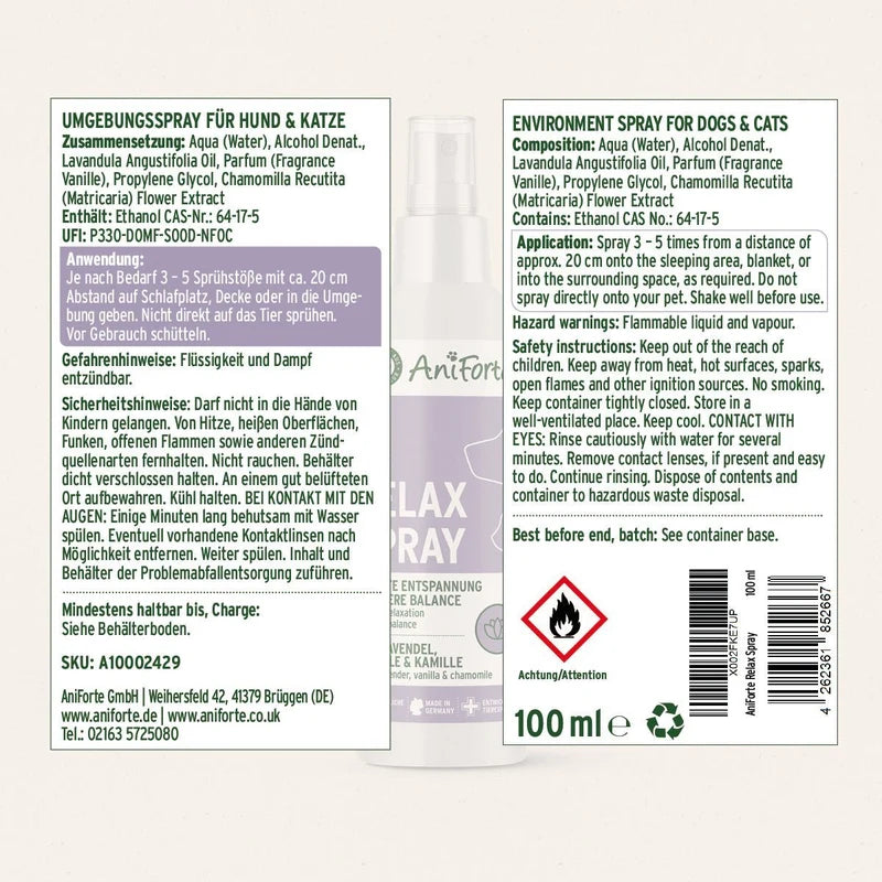 AniForte® Calming Spray for Dogs & Cats ingredients back label