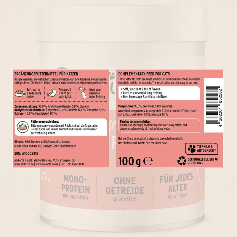 Label on a container of cat food with text and a barcode