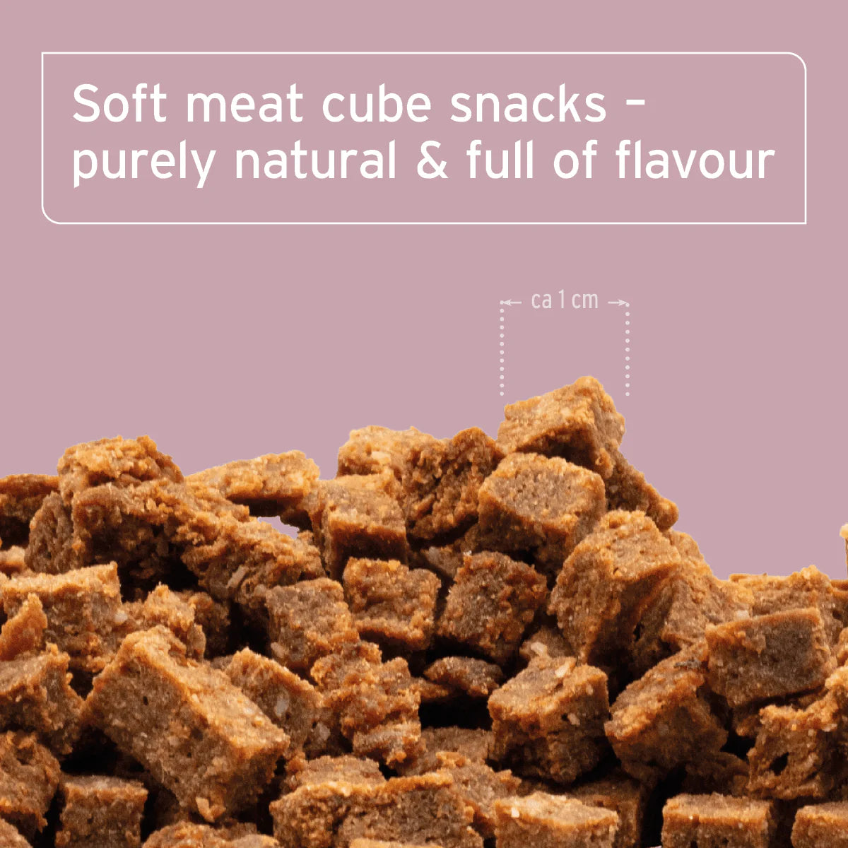 Soft meat cube snacks with a purple background and text indicating they are 'purely natural & full of flavour'.
