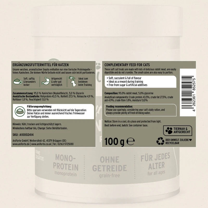 Cat food container label with text and branding on a beige background