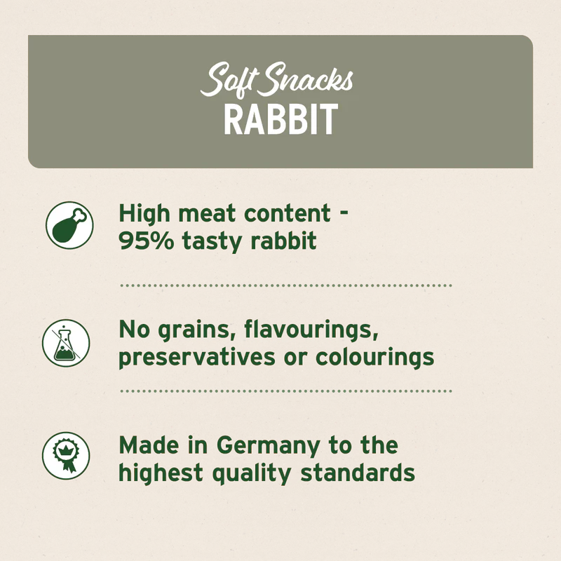 Product label for 'Soft Snacks Rabbit' with text about high meat content, no additives, and German quality.