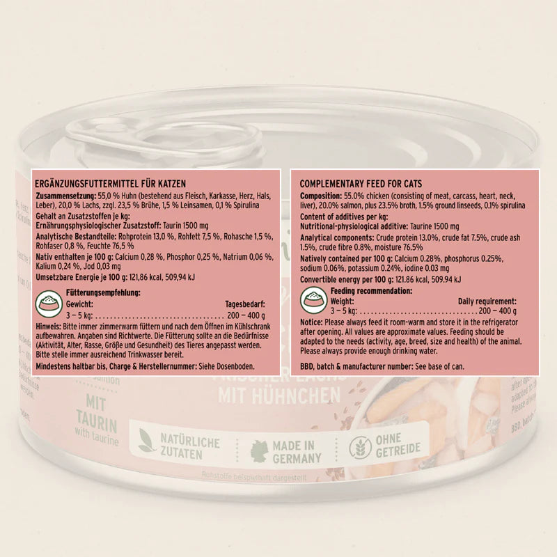 Cat food can with label on a beige background