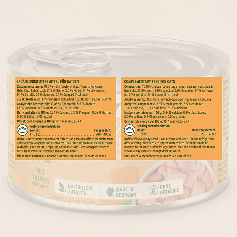 Cat food container with label on a beige background
