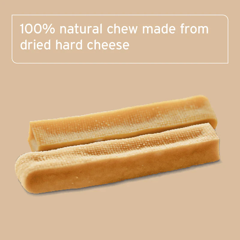 Two dried hard cheese chews on a beige background with text indicating they are 100% natural.